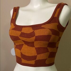 Molly Green Brown orange checkered cropped knit sweater tank top S